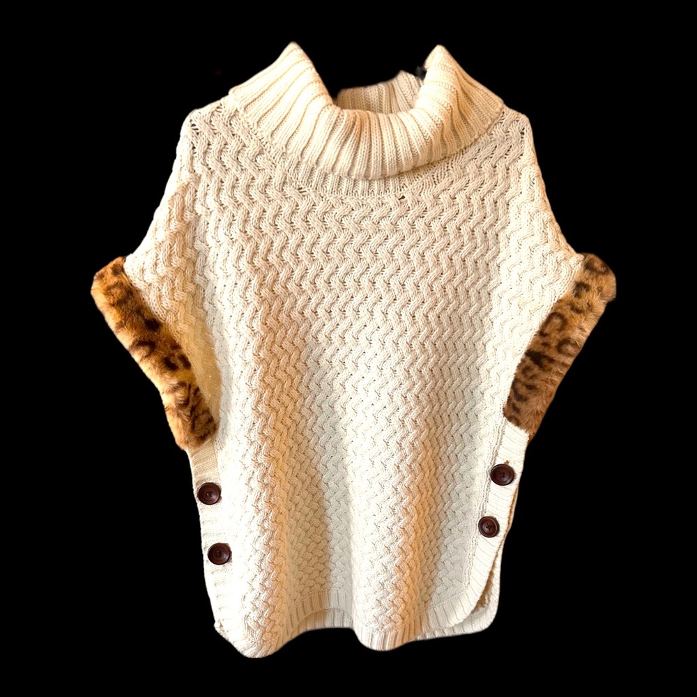 Aspen Kids Girls Cream Poncho Turtleneck Leopard Faux Fur Trim Sleeveless layer